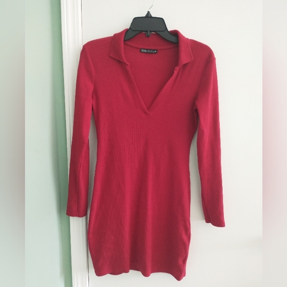 Women's red long sleeve midi Zara ribbed bodycon dress - Picture 7 of 9